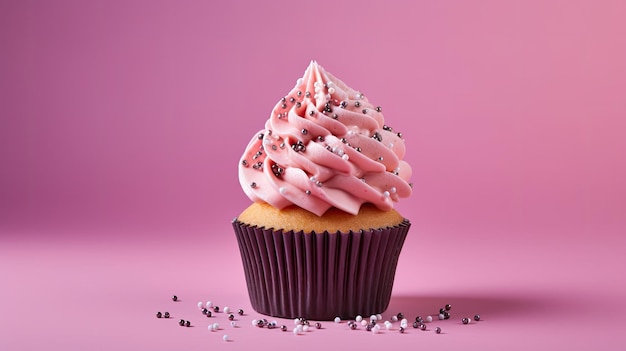 A pink cupcake with pink frosting and sprinkles on it.