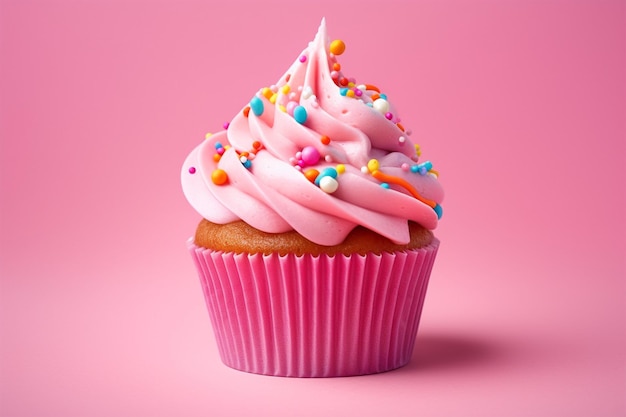 A pink cupcake with pink frosting and sprinkles on it.