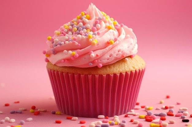 A pink cupcake with pink frosting and sprinkles on it.