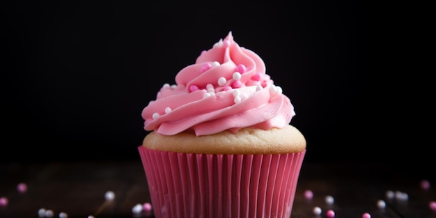 A pink cupcake with pink icing and sprinkles on it