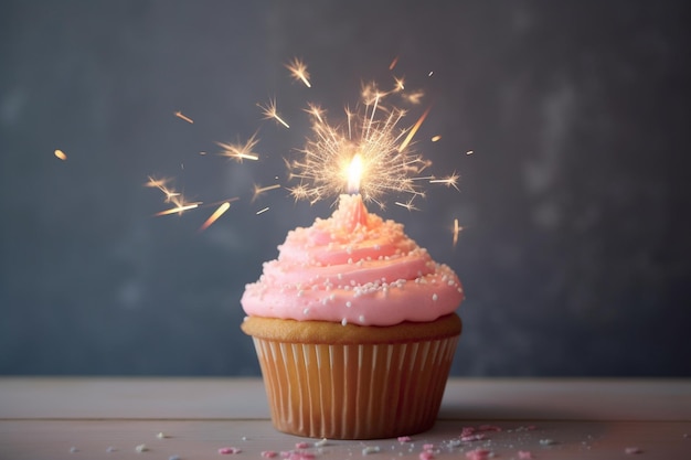 Photo pink cupcake with sparkler on pink background