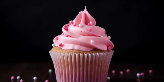 A pink cupcake with white and pink icing and a white and red polka dot on the top.