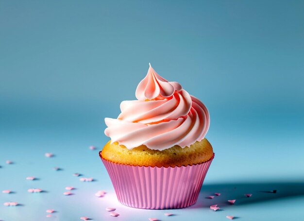 Photo pink cupcake on yellow background