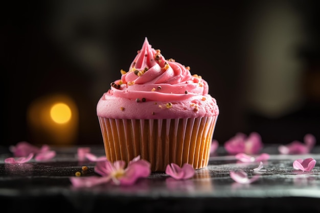 분홍색 컵케이크 색상 딸기 컵 케이크 맛있는 과일 컵케이스 어두운 배경에 추상적 인 생성 AI 일러스트레이션
