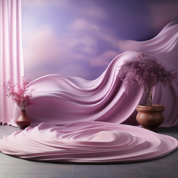 a pink curtain with a purple background and a tree in the corner