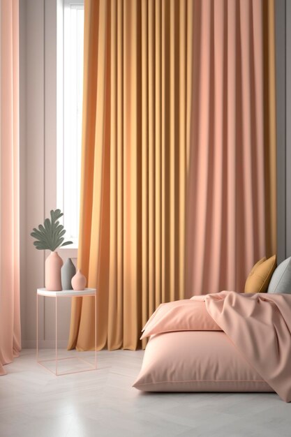 Pink curtains in a mockup in the style of trompel'oeil folds stripes and shapes