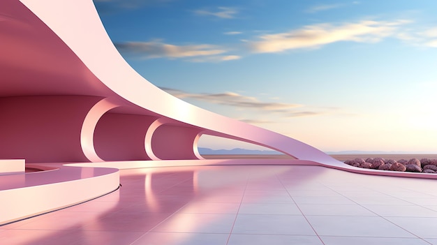 a pink curved structure on a tiled floor