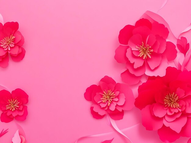 Pink cut paper flowers with leaves on a pink red background