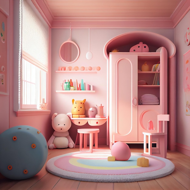 Розовый Милый Детский Интерьер Комнаты Генеративный AI