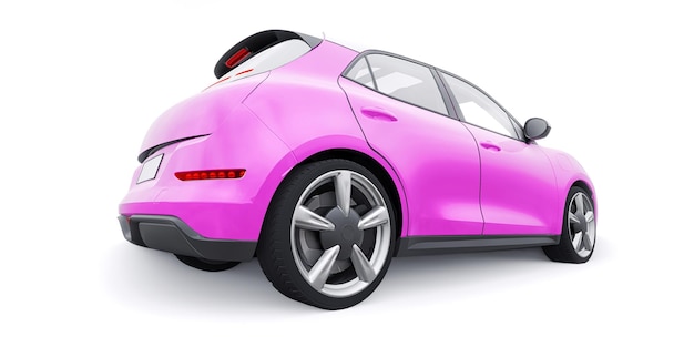 ピンクのかわいい小さな電気ハッチバック車の3Dイラスト