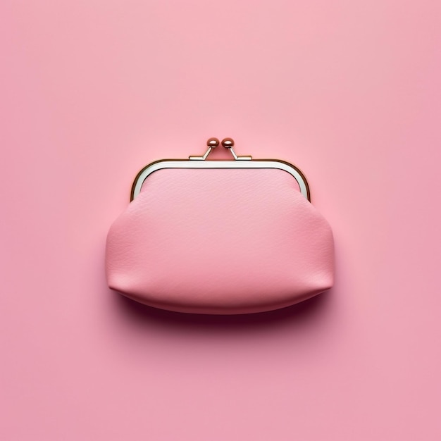 분홍색 평면 배경에 있는 분홍색 귀여운 지갑, 깨끗하고 미니멀한 상단 보기