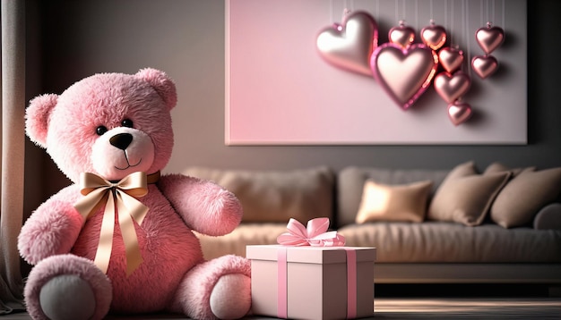 Pink cute teddy bear on a sofa in a cozy living room Valentine's concept