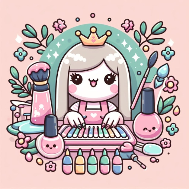 a pink cute women Illustration for the logo of nail art with nail equipment