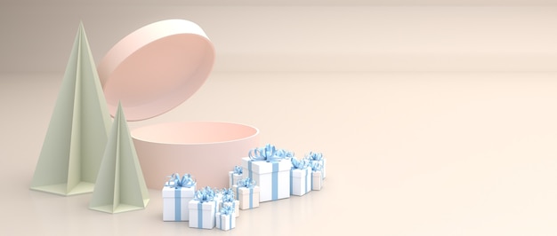 Pink Cylinder box, open the lid of the box. Surrounded by many blue gift boxes. Set on a cream background.