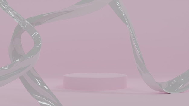 白い輝きの豪華なファブリック、最小限の背景デザイン、3Dレンダリングで飾られたピンクの背景にピンクのシリンダーステージディスプレイ