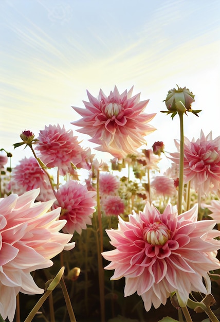 Pink dahlia flower back light over sky soft lens AI Generated