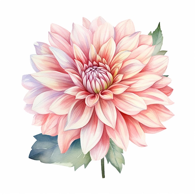 A pink dahlia flower with leaves on a white background.