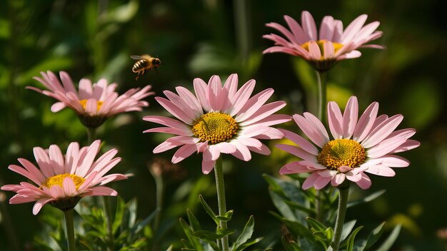 Pink daisies bask in sunlight as a bee hovers nearby