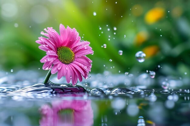 Foto margherita rosa che cade in acqua