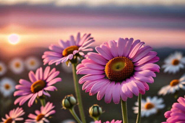 Pink Daisy Flowers Beautiful Field View Captured With A Blur Background With Generative Ai