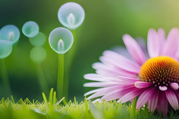 A pink daisy in the grass with bubbles in the background