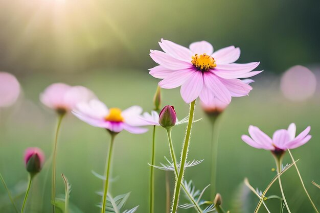 A pink daisy with a yellow center and the other pink flowers in the background.