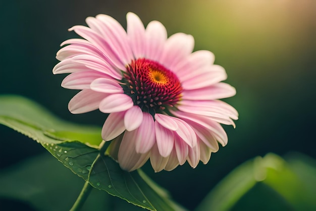 a pink daisy with a yellow center sits in front of a green background.