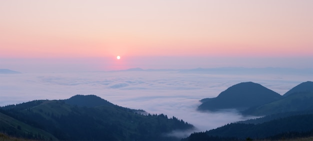 사진 산에서 구름 위의 핑크 새벽
