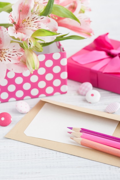 Pink decor, buttons, stationery