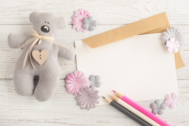 Pink decor, paper flowers, envelope