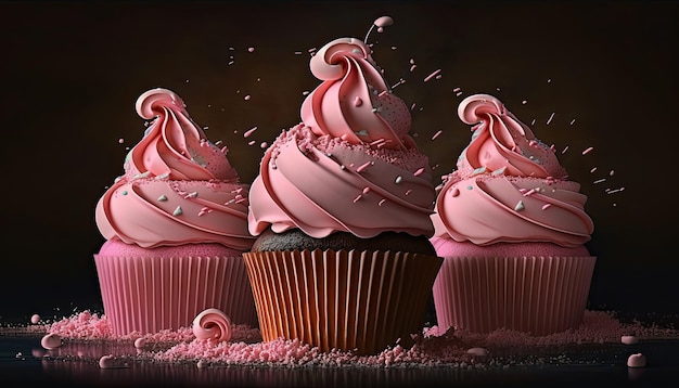 Pink delicious cupcakes for the Mothers Day or birthday on a colored background Generative AI