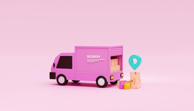 pink delivery car deliver express and pin pointer mark location and cardboard boxes delivery transportation logistics website banner concept on white background 3d rendering illustration