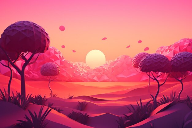 A pink desert landscape with trees and mountains.