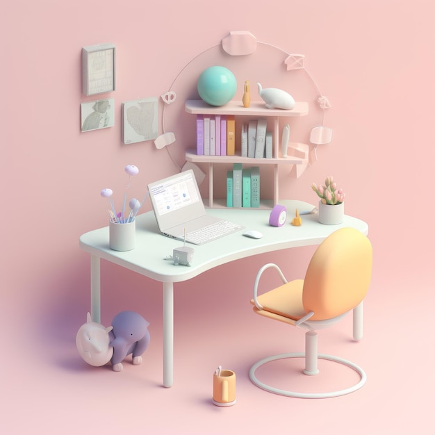 A pink desk with a chair