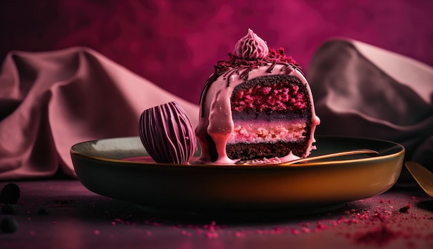 A pink dessert with a chocolate cake on a plate