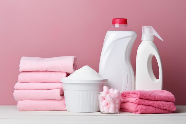Foto detergente rosa e prodotti per la pulizia bianchi