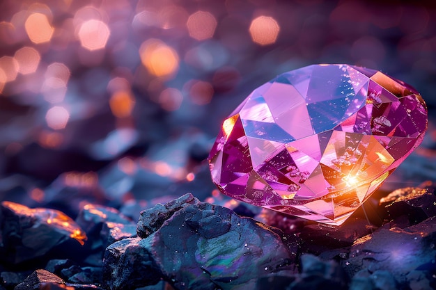 A pink diamond sitting on top of a pile of rocks and gravel with a bright light shining on it