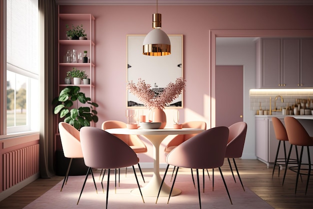 A pink dining room with a large lamp hanging above it.