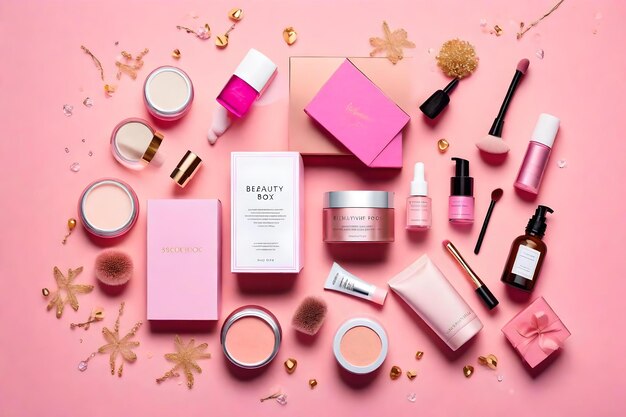 Photo a pink display of cosmetics and cosmetics with a pink box of the brand name 