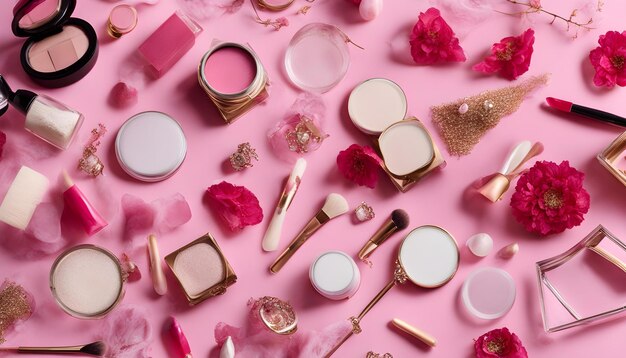 Foto un display rosa di make-up e cosmetici con uno sfondo rosa