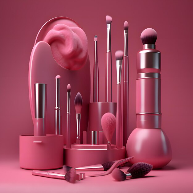 A pink display of makeup including a brush, a brush, and a brush.