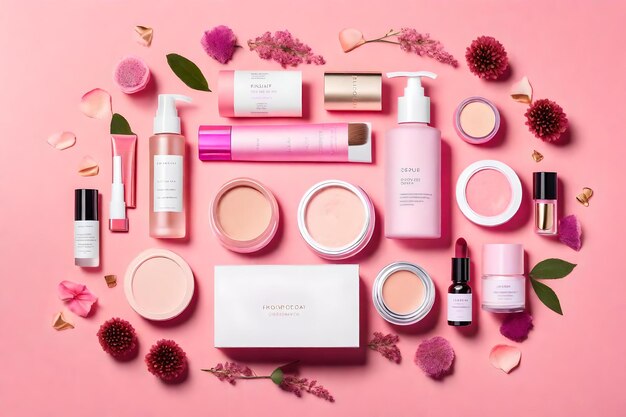 A pink display of products including pink flowers and a pink flower.