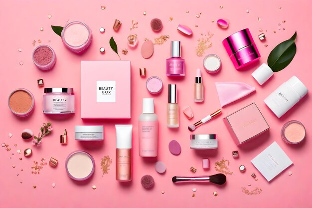 A pink display of products including pink, white, and green.
