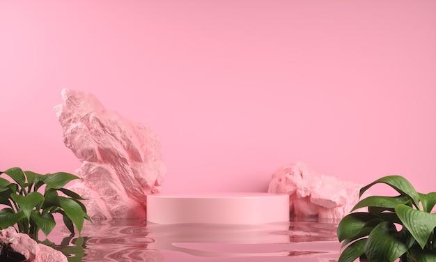 Esposizione rosa per il prodotto di esposizione sull'ondulazione dell'acqua e sul fondo astratto della roccia 3d render