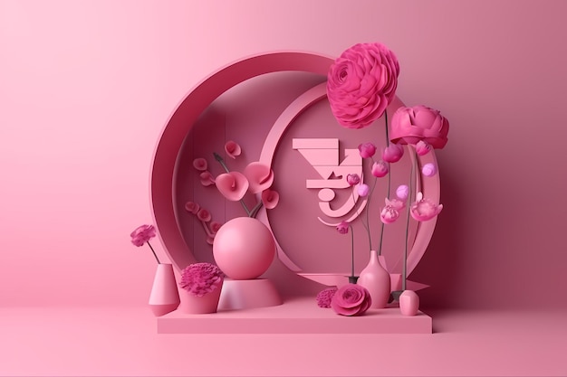 A pink display with a flower and a vase with the word perfume on it.