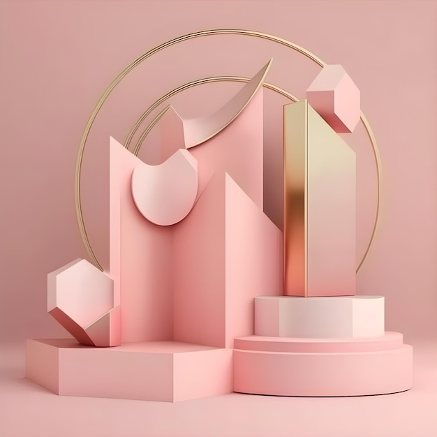 A pink display with a gold circle and a gold object on it.