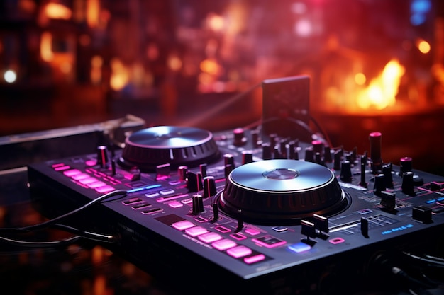 분홍색 DJ 헤드폰 턴테이블과 사운드 서가 나이트클럽을 불태니다.