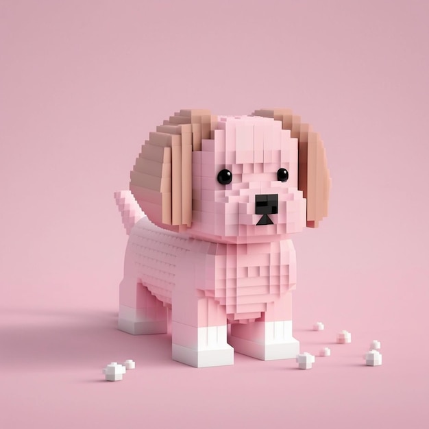 Foto un cane rosa fatto di blocchi di lego è mostrato con uno sfondo rosa.
