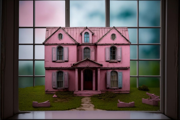 A Pink Doll House Sitting In Front Of A Window