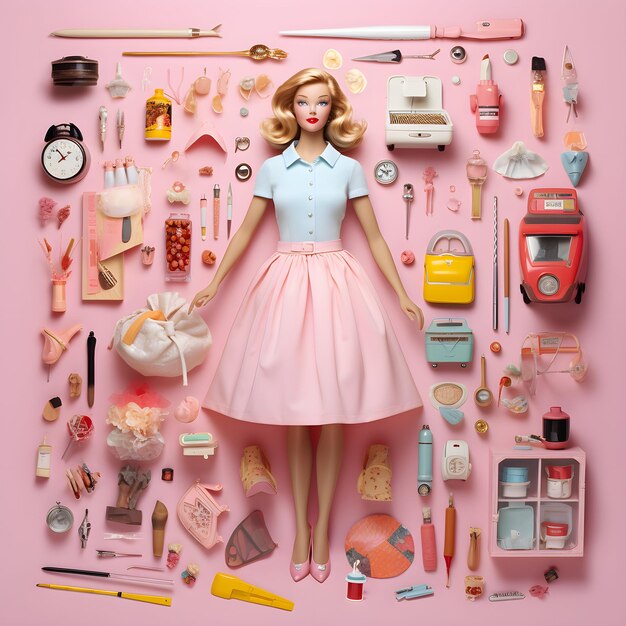 ピンクの人形モデル ブロンドの女の子 ピンクでアクセサリー